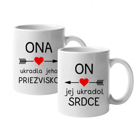 Sada pre páry - ON jej ukradol srdce / ONA ukradla jeho priezvisko - hrnky s potlačou