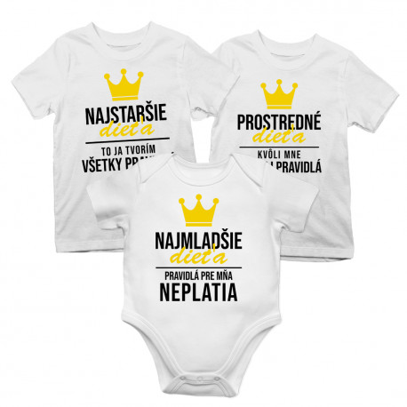Sada pre súrodencov - Najstaršie\Prostredná\Najmladšie dieťa - tričko + body s potlačou